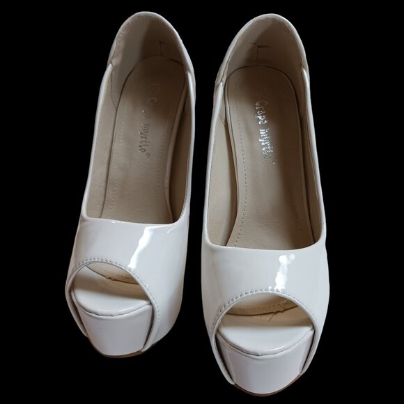 Crape Myrtle White Patent Leather Peep Toe Hidden Platform Acrylic Heels Size6.5 - Picture 7 of 11